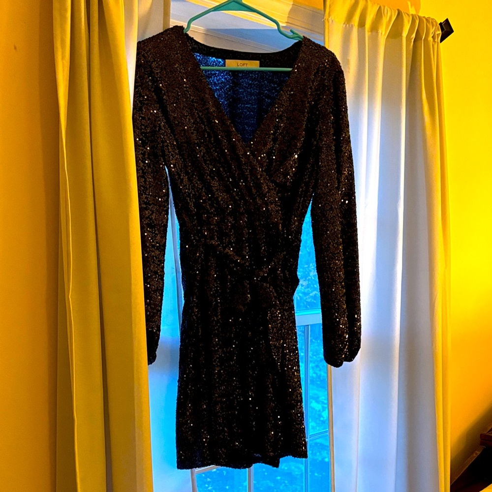 LOFT Sparkling Black Long Sleeve Wrap Dress- size xs